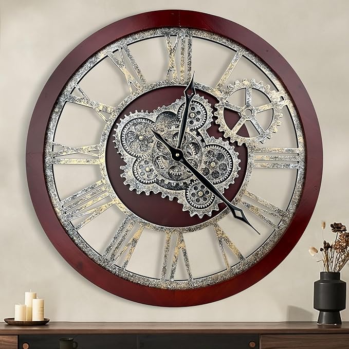 HOIBAI Large Wall Clock, Wall Clocks for Living Room Decor 30 Inch Farmhouse Vintage Rustic Kitchen Wall Decor Vintage Roman Oversized Wall Clock for Home Bedroom House, Moving Gears Clock-Ruum Studio Home