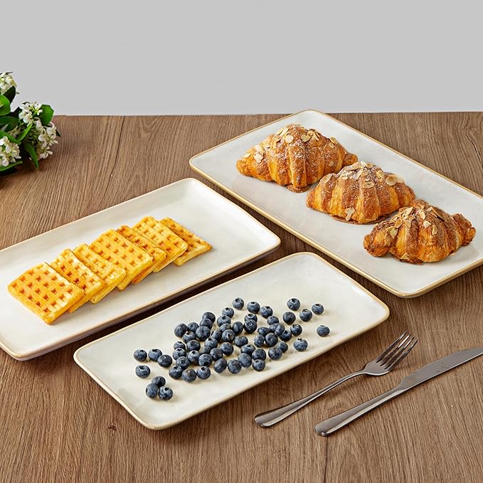 famiware Serving Platter, Rectangular 15.67/14.1/12.6 inch Serving Dishes for Entertaining, Microwave Dishwasher Safe, Stonware Serving Trays for Party, Turkey, Cheese, Ocean Series, Cappuccino White-Ruum Studio Home