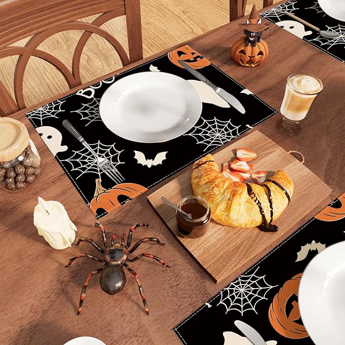XCHI Boo Spooky Ghost Pumpkin Halloween Cloth Placemats Set of 6 Table Mats Table Decorations 12x18 Inch-Ruum Studio Home