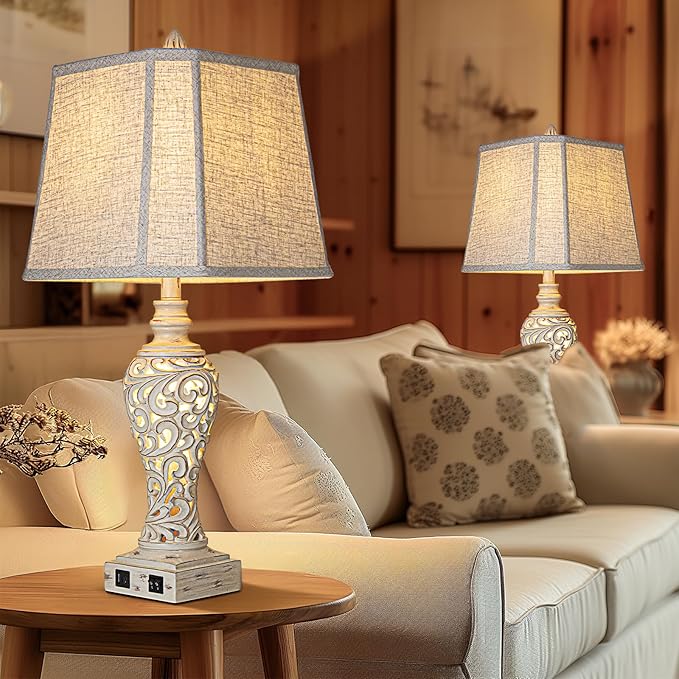 28.5" Table Lamps Set of 2 - Bedside Lamp with Fabric Shades - for Bedroom and Living Room with USB and Nightlight - Perfect for Nightstands and Bedrooms-Ruum Studio Home