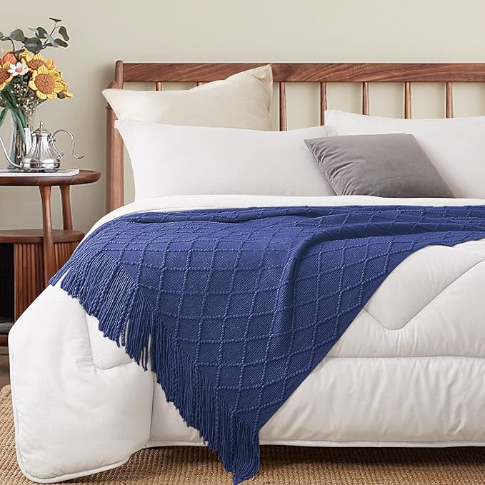 inhand Navy Blue Throw Blanket for Couch and Bed, Soft Living Room Home Decor Knitted Twin Size Blanket, Outdoor Lightweight Breathable Summer Blanket, Farmhouse Warm Woven Decorative, 60"x80"-Ruum Studio Home
