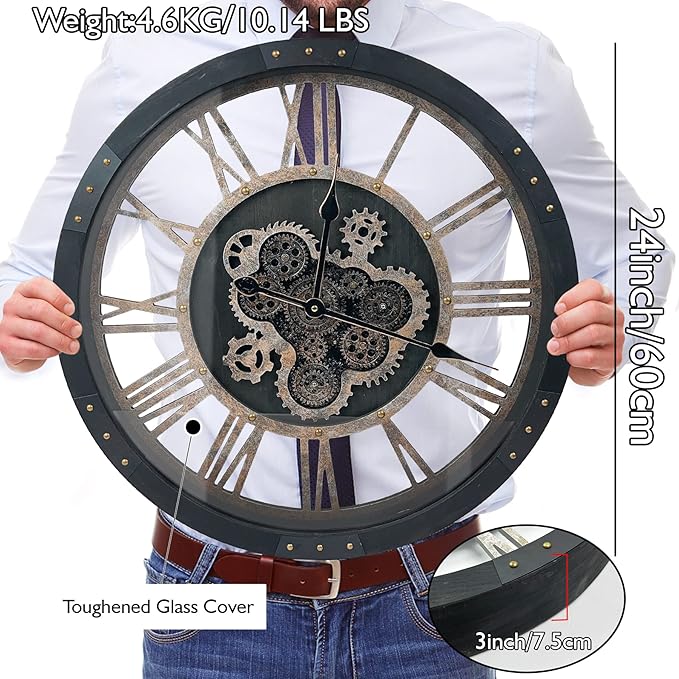 DORBOKER 24" Large Wall Clock with Moving Gears,Oversize Vintage Industrial Rustic Farmhouse Clocks for Living Room Decor Office Home,Solid Wood HD Tempered Glass Cover,Vintage Black-Ruum Studio Home