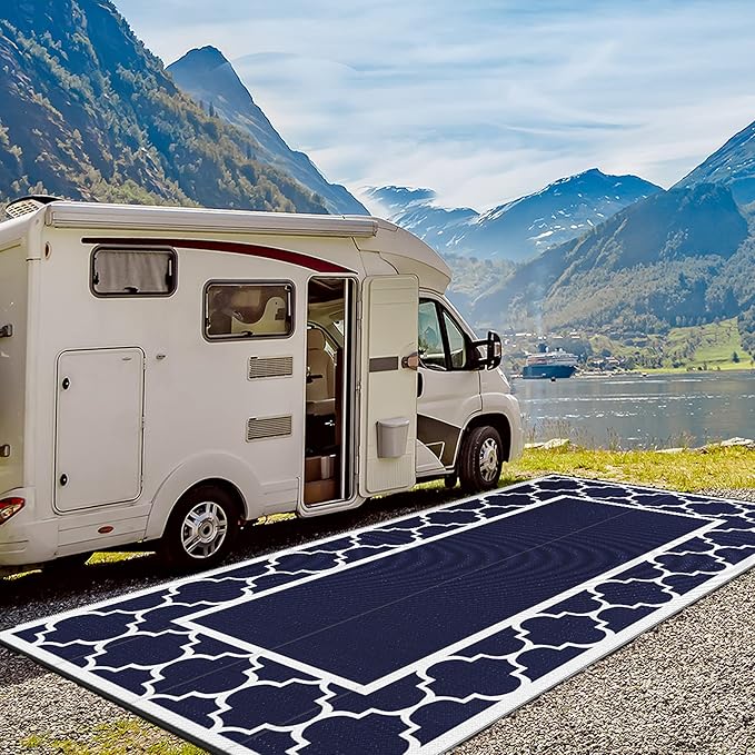 GENIMO 10 ' x 20 ' Outdoor Rug Waterproof for Patio Decor, Foldable Reversible Plastic Straw Area Rugs Mat for Camper, Outside Carpet for Rv, Deck, Porch, Picnic, Beach, Balcony, Blue & White-Ruum Studio Home