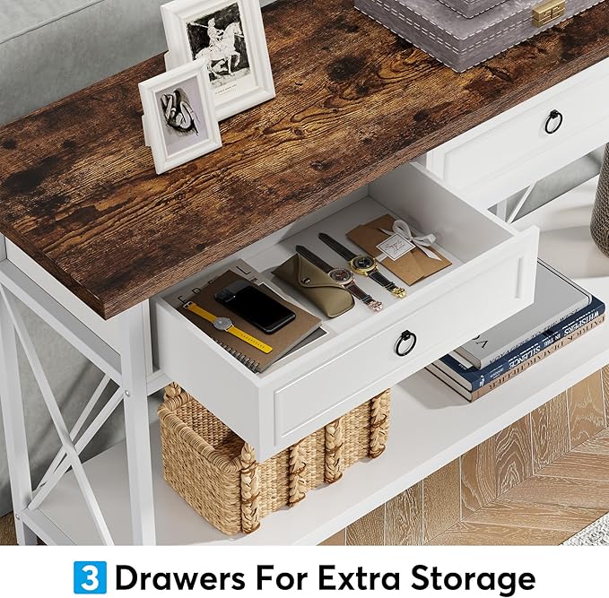 Tribesigns 70.8" Console Table with 3 Drawers, Farmhouse Entryway Table with Storage Shelf, Narrow Long Sofa Foyer Table for Entryway, Hallway (White/Brown)-Ruum Studio Home