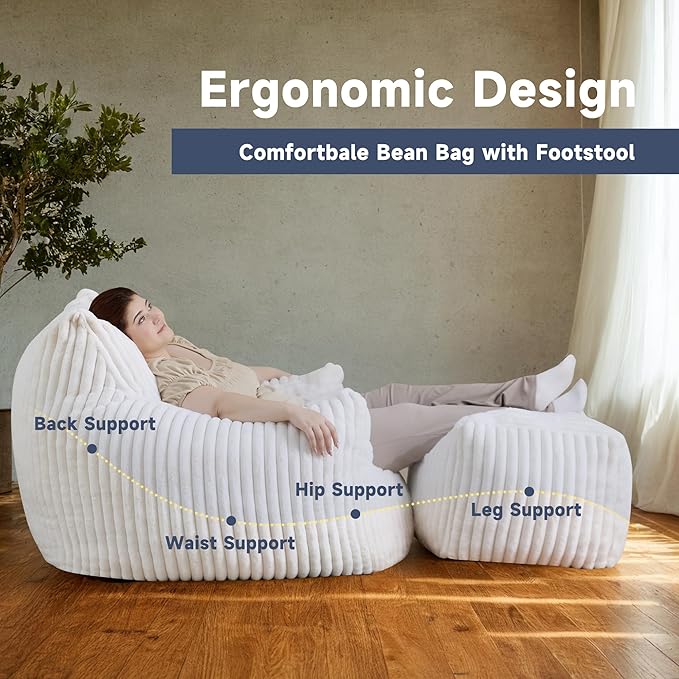 Giant Bean Bag Chairs for Adults, Oversized Chaise Lounge Chair Indoor with Memory Foam - Plush Boneless Lounger & Ottoman for Bedroom, Living Room, Gaming & Reading, Lazy Floor Sofa Chair, Beige-Ruum Studio Home