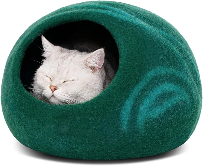 MEOWFIA Cat Cave – Premium Felt Cat Bed for Indoor Cats, Handmade 100% Merino Wool (Medium, Emerald)-Ruum Studio Home