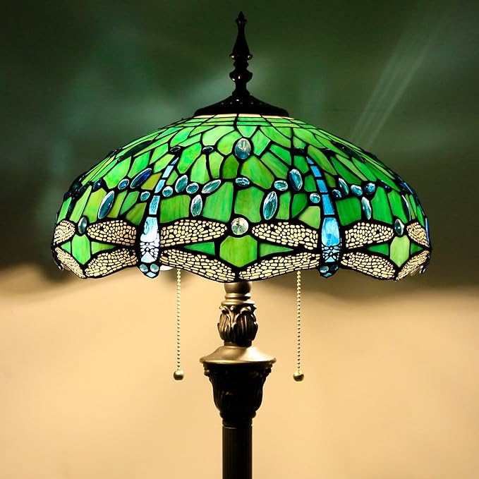 Tiffany Floor Lamp Stained Glass Lamp Standing Reading Light 16x16x70 Inch for Living Room (Green Dragonfly)-Ruum Studio Home