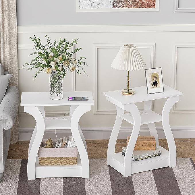 End Tables Living Room Set of 2,End White Table with Charging Station, Side Table, Nightstand for Bedroom, 3 Tier End Table with Storage Shelf for Living Room White-Ruum Studio Home