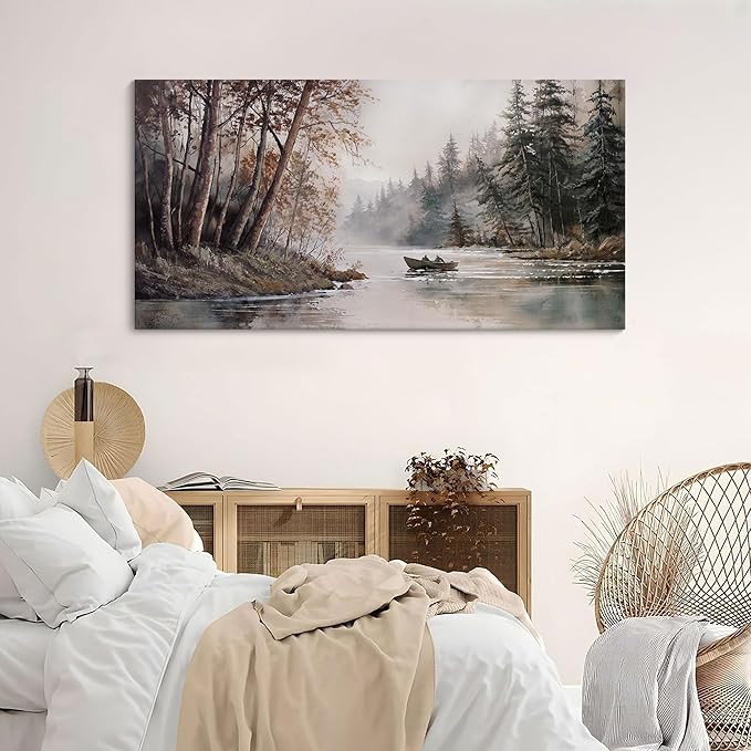 HGUAOA Mountain Canvas Wall Art Rustic Lake Landscape - Nature & Forest Scenery Paintings Pictures for Living Room & Bedroom Wall Decor Vintage Artwork for Walls-Ruum Studio Home