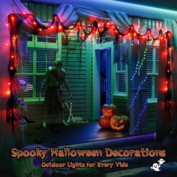Halloween Horror Atmosphere Lights, Orange&Purple LED String Lights with 9.9FT Creepy Black Gauze, Battery Powered with Timer & 8 Flashing Modes (Red)-Ruum Studio Home