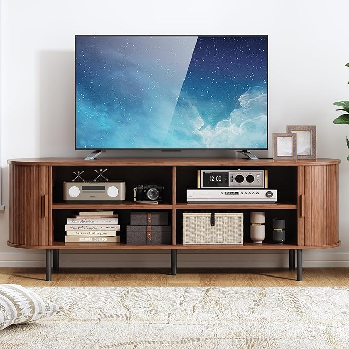 63" TV Stand with Power Outlet, Modern Media Console with Sliding Doors, Entertainment Center for TVs up to 60 Inch, Adjustable Shelves, Walnut-Ruum Studio Home