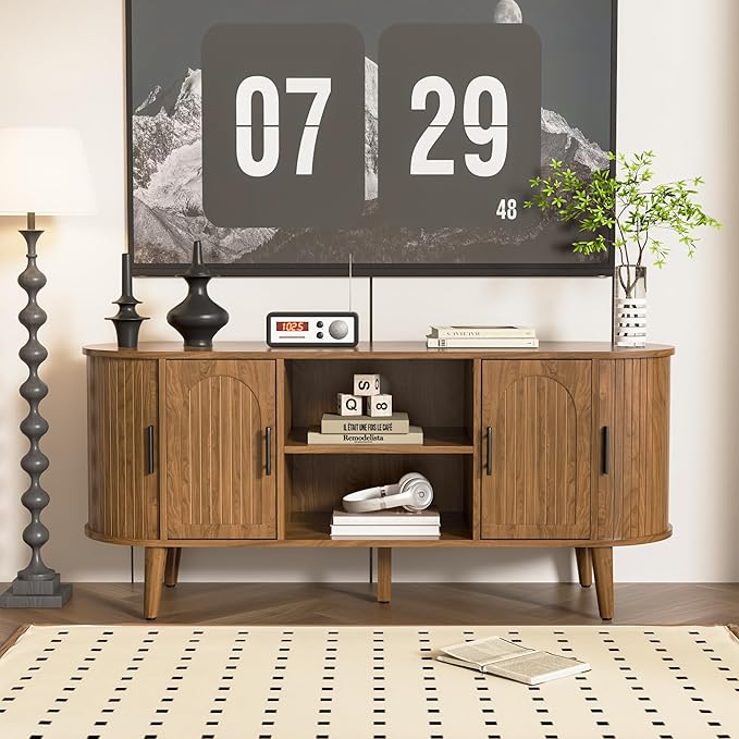 51" Fluted TV Stand, Mid-Century Modern Entertainment Center for Tvs up to 60" with Drawers and Fluted Doors, Curved TV Media Console Table with Sliding Doors for Living Room, Bedroom (51")-Ruum Studio Home