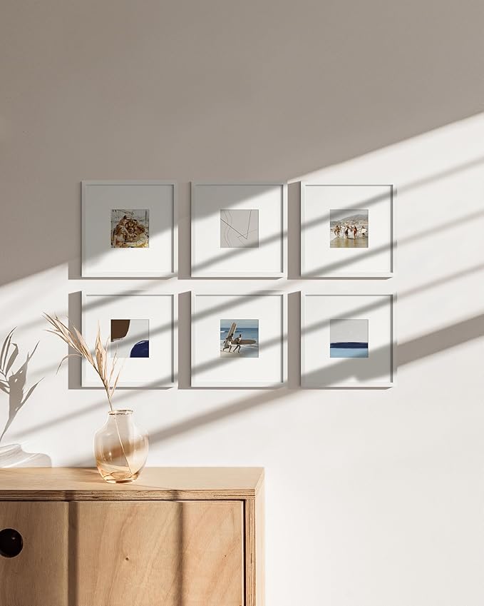 HAUS AND HUES 8x8 White Metal Picture Frames Matted to 4x4 - Features Premium Aluminum & Hanging Hardware, Shatterproof Plexiglass - Ideal for Home, Room, Office (8x8 in, White, Set of 15)-Ruum Studio Home