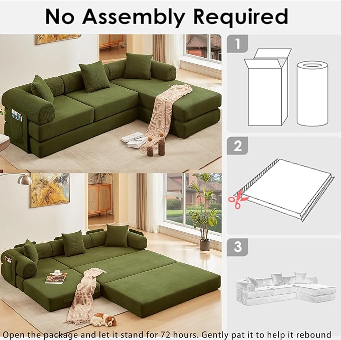 107" Oversized Convertible Sleeper Sofa Bed, Corduroy L Shape Sectional Couch, Folding Sofa Bed with Side Pocket, Modern Cloud Floor Mattress Couch, Modular Sofa for Living Room, Green-Ruum Studio Home