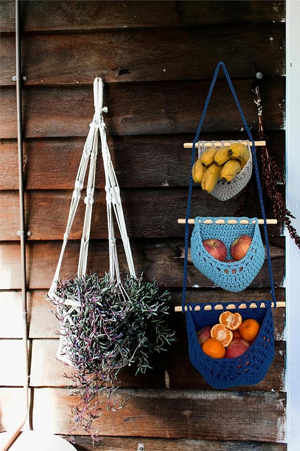 Hanging Fruit Basket, 3 Tier Cotton Macrame Produce Basket for Kitchen, Indoor Planter Hangers.-Ruum Studio Home