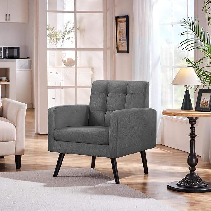 Yaheetech Modern Living Room Chair, Mid-Century Armchair Button Tufted Back and Wood Legs, Vintage Lounge Chair for Bedroom/Home Office/Study, Gray-Ruum Studio Home