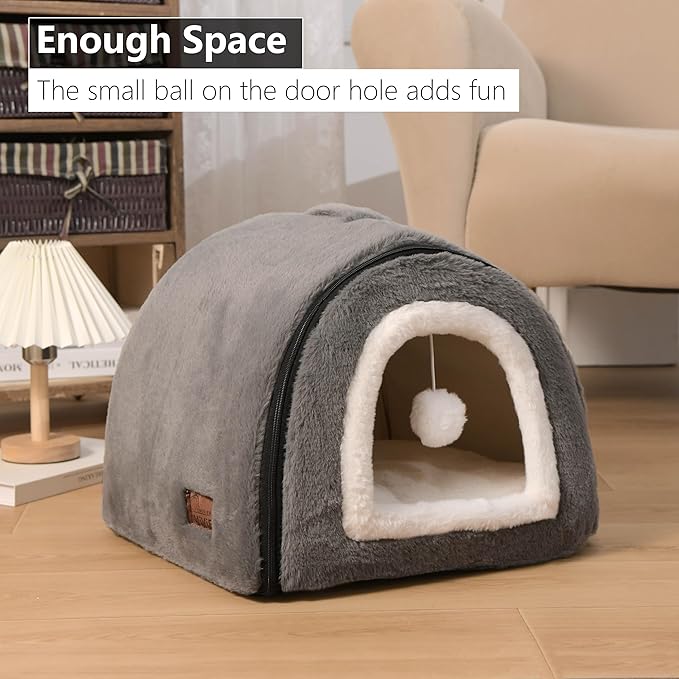Cat Bed for Indoor Cats，Foldable cat cave，Anti-Slip & Water-Resistant Bottom，cat Houses for Indoor Cats or Small Dogs, Kitten Tent, Rabbit Bed，2 in 1 pet Bed (Dark Grey)-Ruum Studio Home
