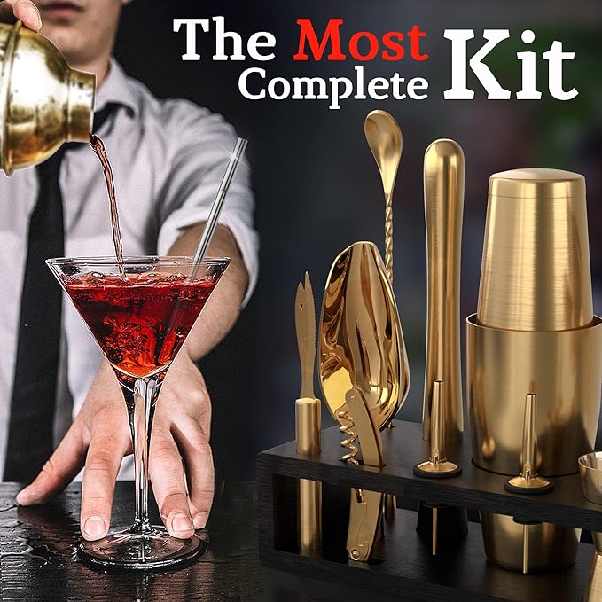 Highball & Chaser Bartender Kit with Black Bamboo Stand Beautiful Cocktail Shaker Set and Bar Tools Stainless Steel Boston Shaker Bartender Kit with Stand (Antique Gold)-Ruum Studio Home