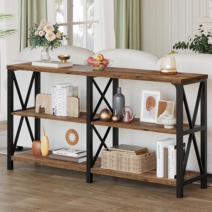 LVB Wood Console Table, Rustic 3 Tier Sofa Table Behind Couch, Industrial Metal Entryway Table with Storage Shelf, Farmhouse Wooden Foyer Hallway Table for Entry Living Room, Rustic Brown, 55 Inch-Ruum Studio Home