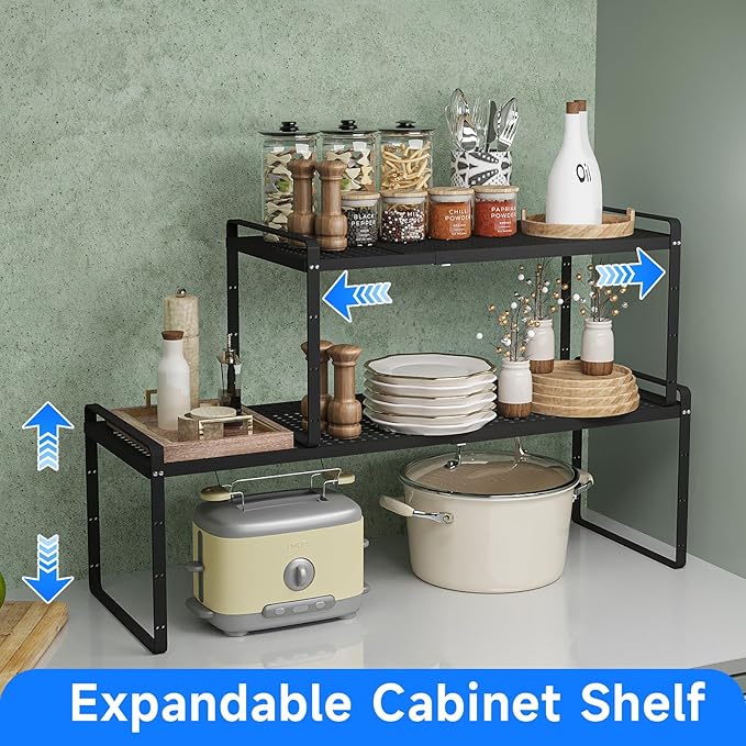 Expandable Cabinet Shelf Organizers, Kitchen Small Stand Rack Organization for Countertop Cupborad Pantry, Black 3 Pack-Ruum Studio Home
