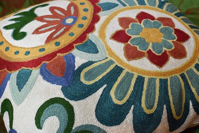 Daisy Floral Pillow Cover Teal Flower Pillowcase Flowery Outdoor Cushion Suzani Accent Pillowsham Flower Floral Chair Cushion Hand Embroidered Cushions Wool Size 18x18-Ruum Studio Home