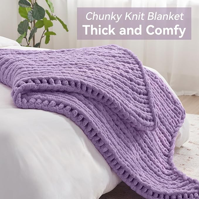 Chunky Knit Throw Blanket, 30''*40'' Knitted Throw Chenille Yarn for Bed Couch, Handmade Light Purple Crochet Big Thick Blanket, Machine Washable Cute Comfy Blanket for Home Decor-Ruum Studio Home