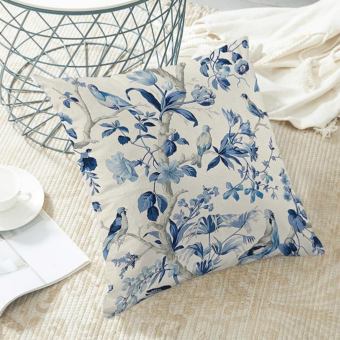 CXMEIFLY Navy Blue Spring Floral Pillow Covers 18 x 18 Inch Set of 2 for Chinoiserie Flowers Bird Decor Throw Pillows Vintage Plant Outdoor Decorative Cushion Cases for Couch Bed Decorations-Ruum Studio Home