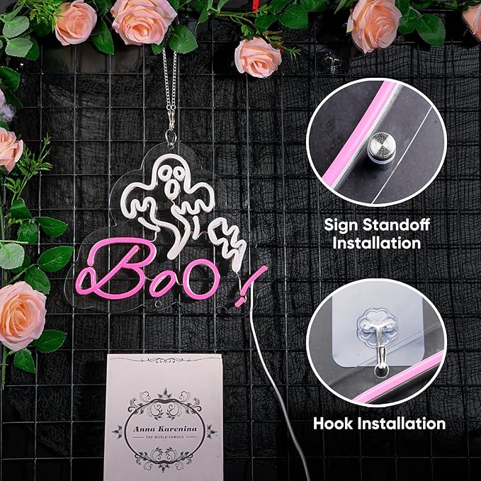 HRGXYUN Halloween Dimmable Ghost Neon Sign, Pink Boo Neon light for Wall Decor,Custom Neon Sign for Bar Club Ghost Room Decoration,5V USB Power 11.8 * 9.85in-Ruum Studio Home