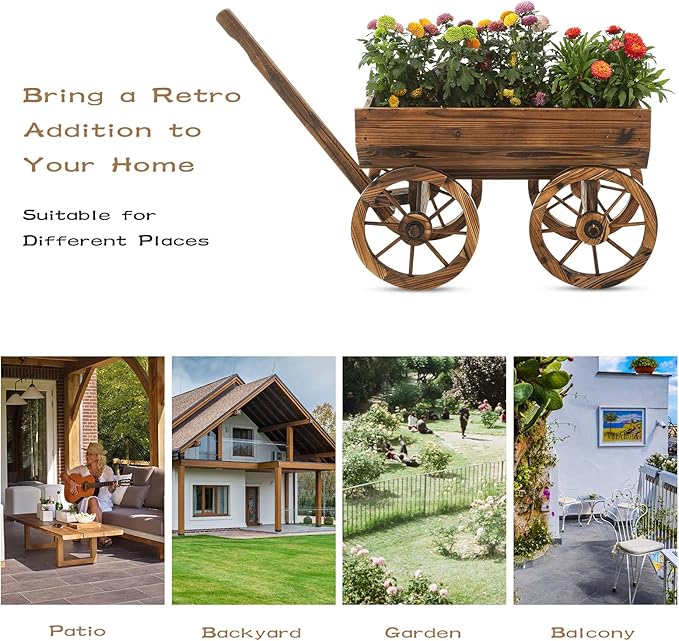 Garden Wooden Decor Rustic Flower Pot,Planters Wagon Indoor Outdoor Backyard Balcony Decor,for Outside Garden Decor Wheelbarrow Planter for Patio (Wooden Wagon)-Ruum Studio Home
