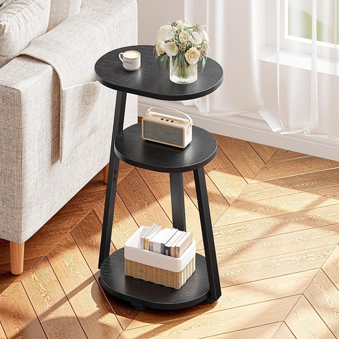 Side Table, Small End Table with Metal Frame, 3-Tier Bedside Tables, Round Side Tables for Living Room Bedroom Couch Bathroom, Oval, Pure Black-Ruum Studio Home