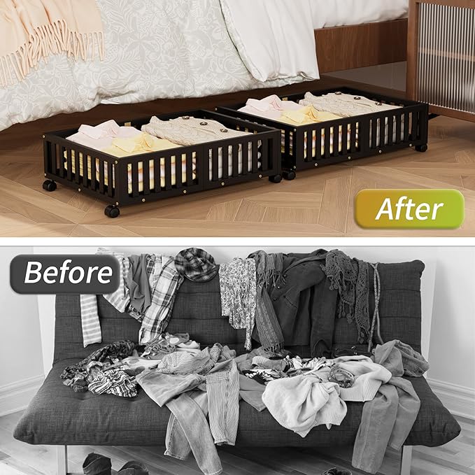 Bamboo Under Bed Storage with Wheels (2-Pack) – Rolling Underbed Shoe Organizer Box for Shoes, Blankets, Toys, Clothes Container Space-Saving Organizer Bins for Bedroom, Closet, Dorm, Nursery-Ruum Studio Home
