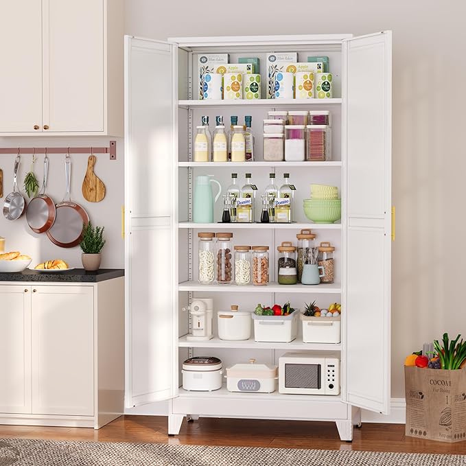 Metal Pantry Cabinet with 2 Doors and 5 Adjustable Shelves, 75" Kitchen Storage cabinets with Gold Handles, Versatile Storage for Laundry Room, Living Room, Bathroom, Dinning Room, Utility Room-White-Ruum Studio Home