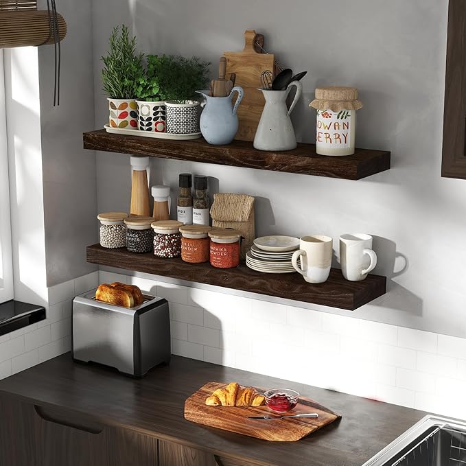 36 Inch Floating Shelves for Wall, Rustic Elm Wood Shelf for Home Decor, Heavy-Duty Wooden Floating Shelves for Kitchen, Wall Mounted Storage Shelves for Bathtoom, Living Room, Walnut Color, Set of 2-Ruum Studio Home
