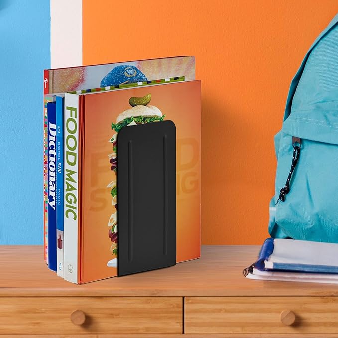 Acrimet Metal Bookends, Jumbo Size 9" H x 4" W x 4-1/2" D, Non-Skid Book Stand for Shelves, Heavy Duty Book Stopper, Black, 1 Pair-Ruum Studio Home