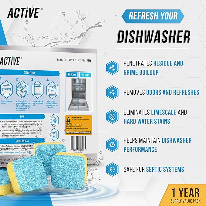 ACTIVE Washing Machine And Dishwasher Cleaning Tablets Bundle - Includes 12 Month Supply Dishwasher Cleaner Deodorizer & Washing Machine Descaler Deep Cleaning Tablets - 48 Tablet Set-Ruum Studio Home