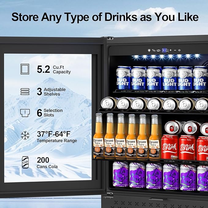 24 Inch Beverage Refrigerator, 5.2 Cu. Ft. Drink Refrigerator with Glass Door, 200 Cans Under Counter & Freestanding Drink Fridge, Reversible Door, Built-In Beverage Cooler for Kitchen, Bar or Office.-Ruum Studio Home