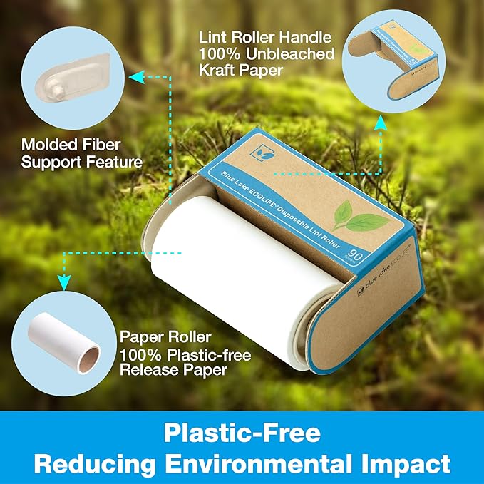 Blue Lake ECOLIFE Plastic-Free Lint Roller – 4-Pack (360 Sheets) | Extra Sticky & Eco-Lint Remover| Ideal for Clothes, Furniture & Carpet(4 Pack-360 Sheets)-Ruum Studio Home