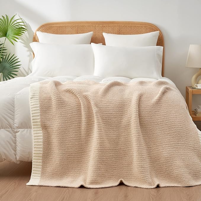 Snuggle Sac Heather Beige Throw Blanket for Couch, Ultra Soft Warm Blankets Cozy Knit Fuzzy Plush Lightweight Throw XL Size for Sofa, Bed, Heather Beige, 50x70 inches-Ruum Studio Home