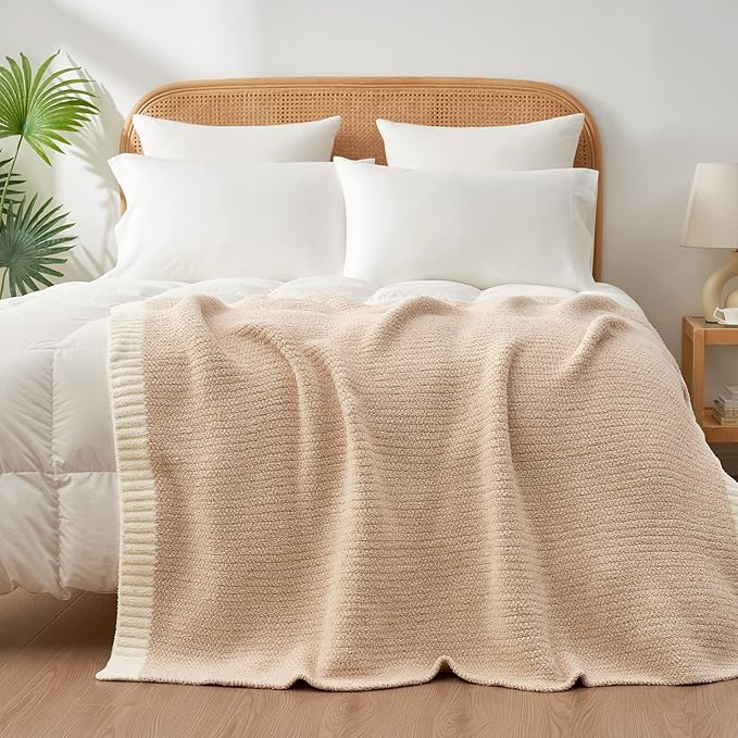 Snuggle Sac Heather Beige Throw Blankets Luxurious Microfiber Fabric, Reversible Super Soft Throws Warm Cozy Knit Fuzzy Plush Throw Blanket for Couch, Bed, Sofa, Camping, Beige,50x60 inches-Ruum Studio Home