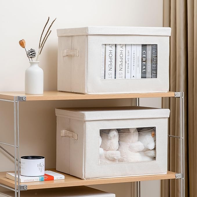 Citylife 4-Pack Storage Bins with Lids, Fabric Foldable Storage Bins with Soft Cord Handles, Cube Closet Storage Baskets with Lids, Organizers for Organizing Clothes and Books, Beige-Ruum Studio Home