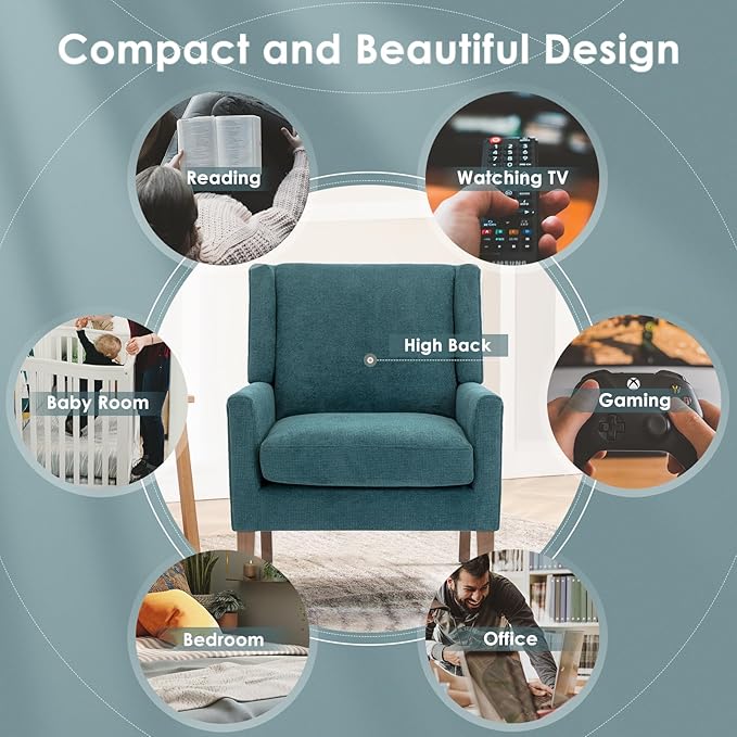 COLAMY Modern Wingback Living Room Chair, Upholstered Fabric Accent Armchair, Single Sofa Chair with Lounge Seat and Wood Legs for Bedroom/Office/Reading Spaces, Teal-Ruum Studio Home