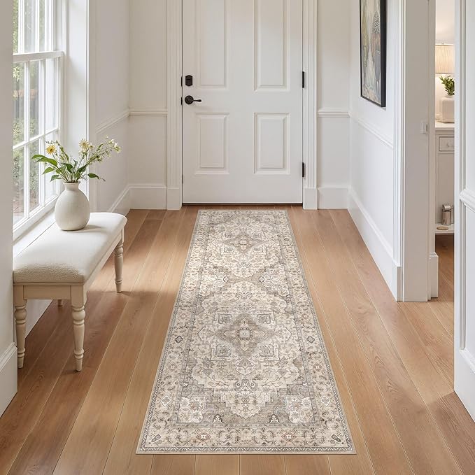 Washable 2x6 Runner Rug - Area Rugs Neutral Vintage Distressed Floral Farmhouse Boho Large Soft Floor Rug Indoor Carpet for Hallway Entryway Bedroom Kitchen - Brown/Multi-Ruum Studio Home