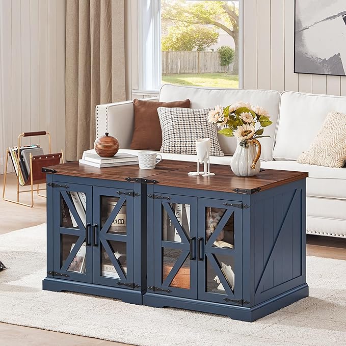 Farmhouse End Table Set of 2 with Charging Station, 24" Large Sofa Side Table with Glass Barn Door, Night Stand with Adjustable Shelf, Wood Nightstand, Square Bed Side Table for Living Room,Bedroom-Ruum Studio Home