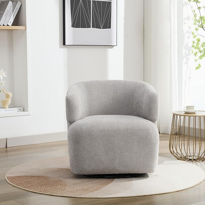 Swivel Accent Chair, Chenille Barrel Chair for Living Room, Cozy Round Boucle Arm Chair, Metal Base for Club Nursery Bedroom, Light Grey-Ruum Studio Home