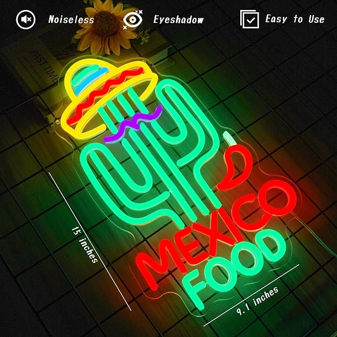 Mexican Food Neon Sign Cactus Neon Lights Dimable Colorful LED Mexican Art Lights Wall Decor for Mexican Restaurants Bars Food Trucks Unique Gift for Taco Enthusiasts Fiesta Parties (15×9.1inch)-Ruum Studio Home