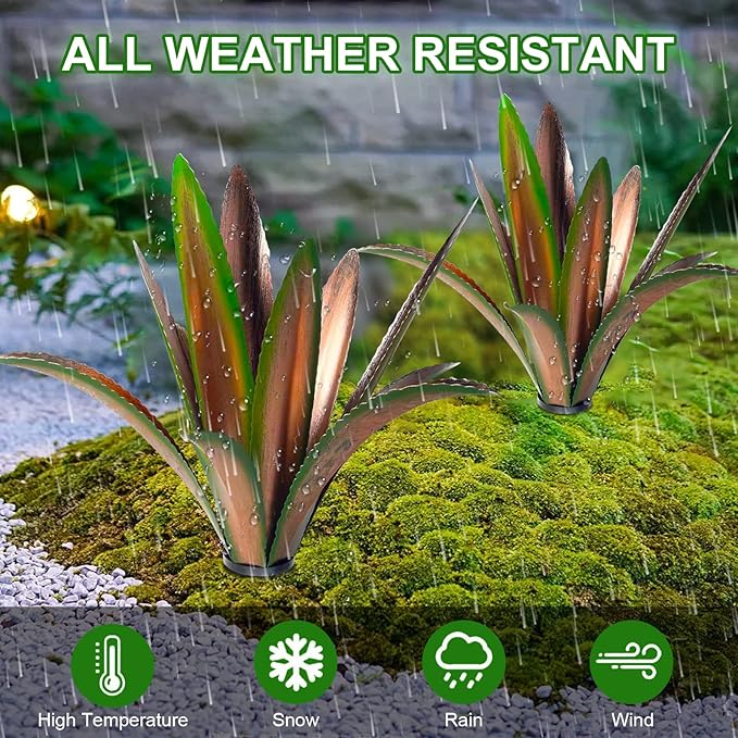 TOMBABY Enlarge thickened Wind Resistant Metal Agave Garden Art Plant Country Sculpture Statue Outdoor decoration Courtyard Lawn Ornament Gift (12 Leaves Green 2 pcs) (TB-410-415)-Ruum Studio Home