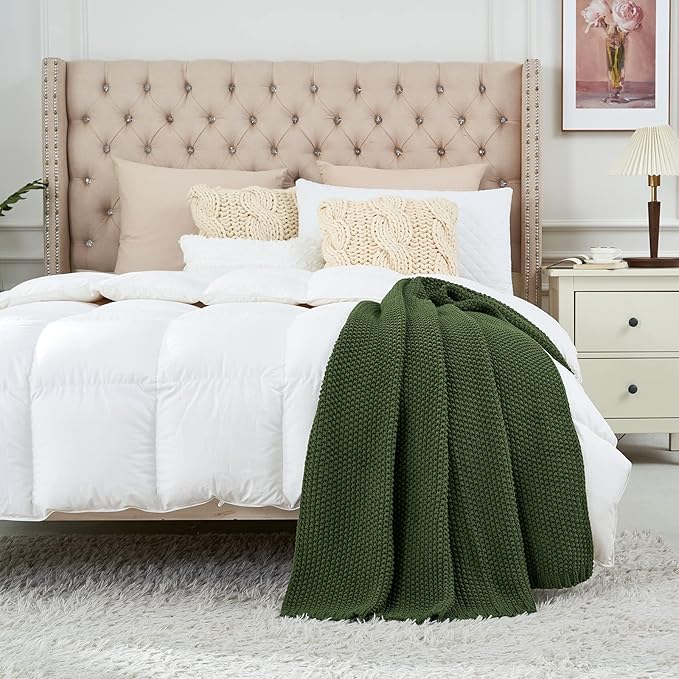 Longhui bedding Chunky Cable Knit Throw Blanket Lightweight Olive Green 100% Organic Cotton Blanket for Sofa Couch Bed Baby Nursery, Rustic Shabby Chic Modern Farmhouse, 60” x 80” Give Laundering Bag-Ruum Studio Home