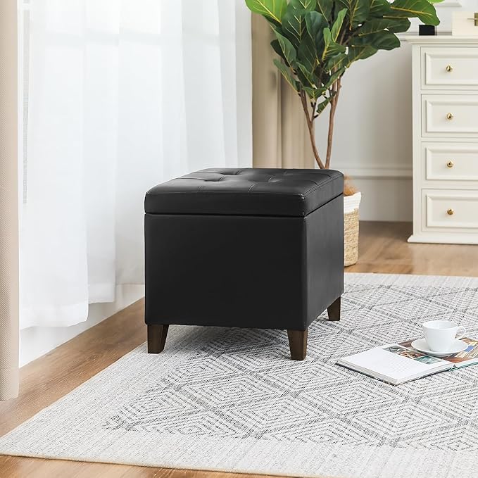 Adeco Faux Leather Storage Ottoman Bench with Solid Wood Legs, 17.7" Square Black PU Cube Foot Stool, Upholstered Button Tufted Vanity Chair with Hinged Lid for Living Room, Bedroom, Dorm-Ruum Studio Home