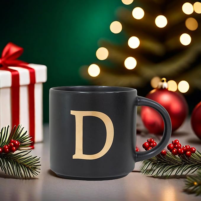 COLLECTIVE HOME - Monogram Ceramic Mugs, 15 oz Golden Initial Black Coffee Cups, Elegant Alphabet Tea Mugs, Elegant Personalized Mug with Gift Box, Unique Mug with Double Side Capital Lette (D)-Ruum Studio Home