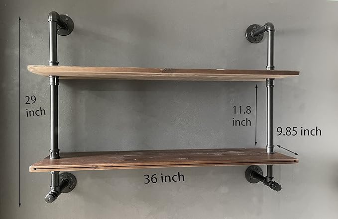 Industrial Pipe Wall Shelves Pipe Shelving with Real Wood Plank ,36 Inches Floating Shelves for Wall Farmhouse Pipe Book Shelves Dark Brown 2 Tier for Kitchen,Living Room Decor and Bar Shelving-Ruum Studio Home
